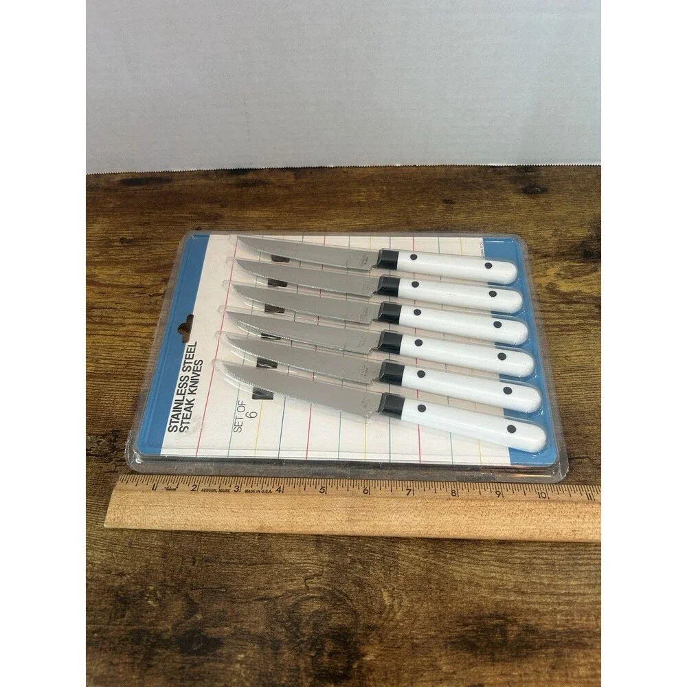Vintage NOS Stainless Steel Steak Knife Set of 6 White Handles Taiwan ROC Sealed